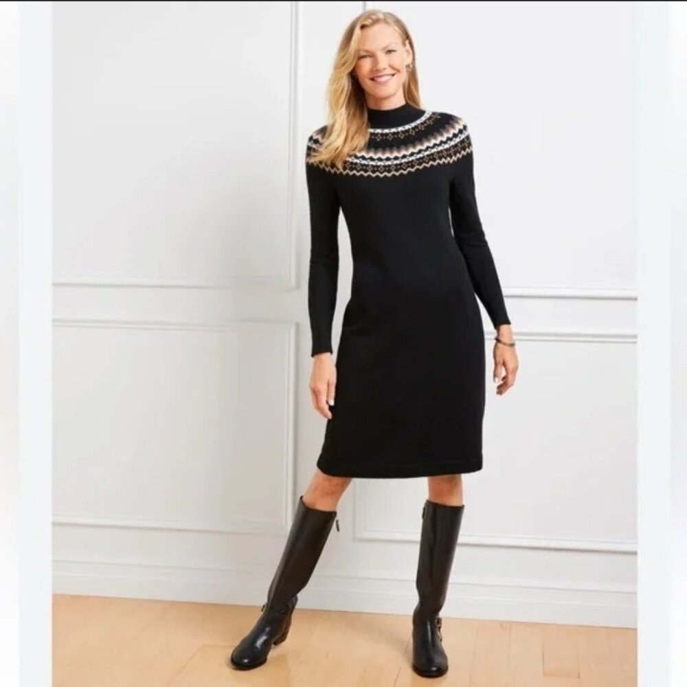 Talbots Fair Isle Black Tan Sweater Knit Knee Length Dress Mock Turtleneck